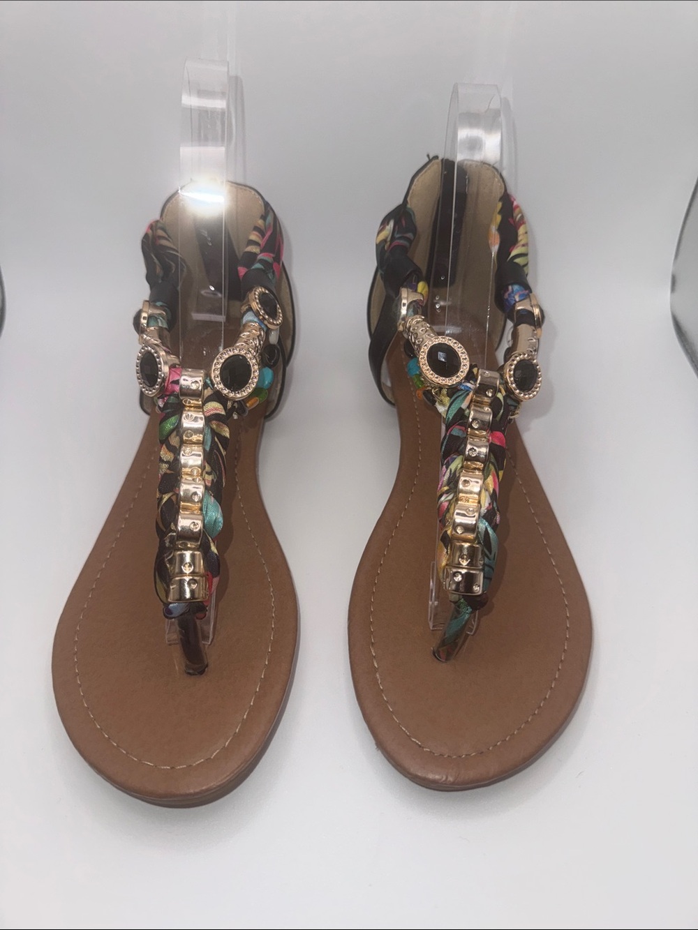Venus Embellished Boho T-Strap Sandals Size 7 Beaded Jeweled